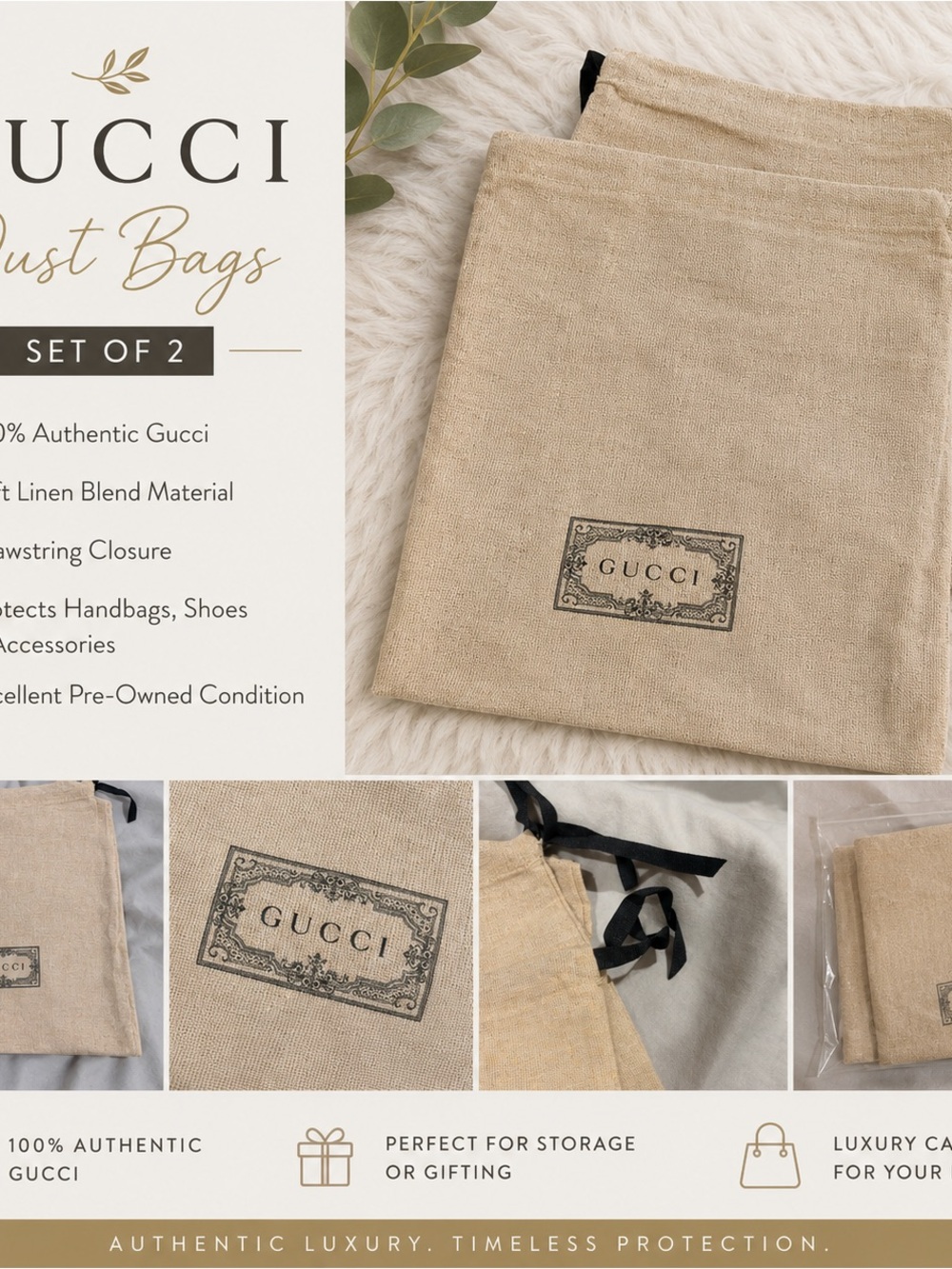 Gucci Authentic Linen Dust Bags – Set of 2 Drawstring Storage Bags